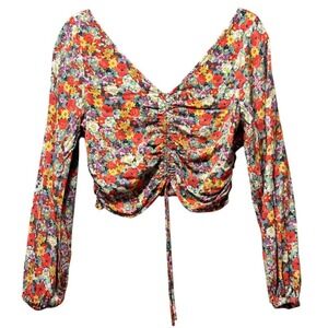 H&M Floral Print Blouse Long Sleeve Ruched Front V-Neck Top Size L Cropped Top
